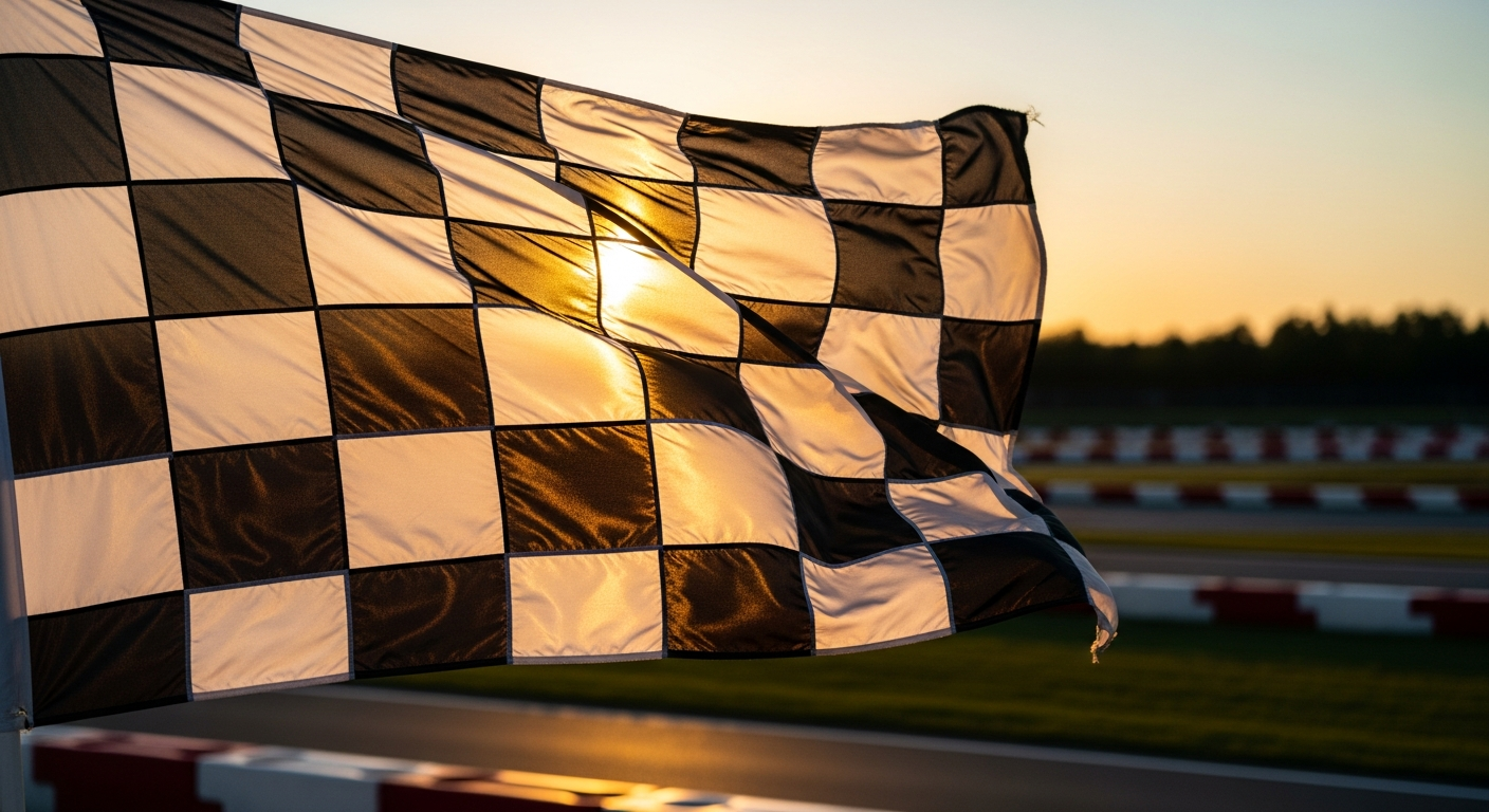 Bandera a cuadros de carreras junto a un circuito de karting al atardecer