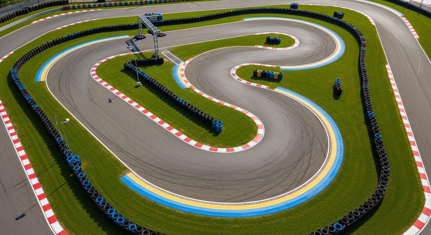 Vista aérea de un circuito de karting con curvas y pianos de colores
