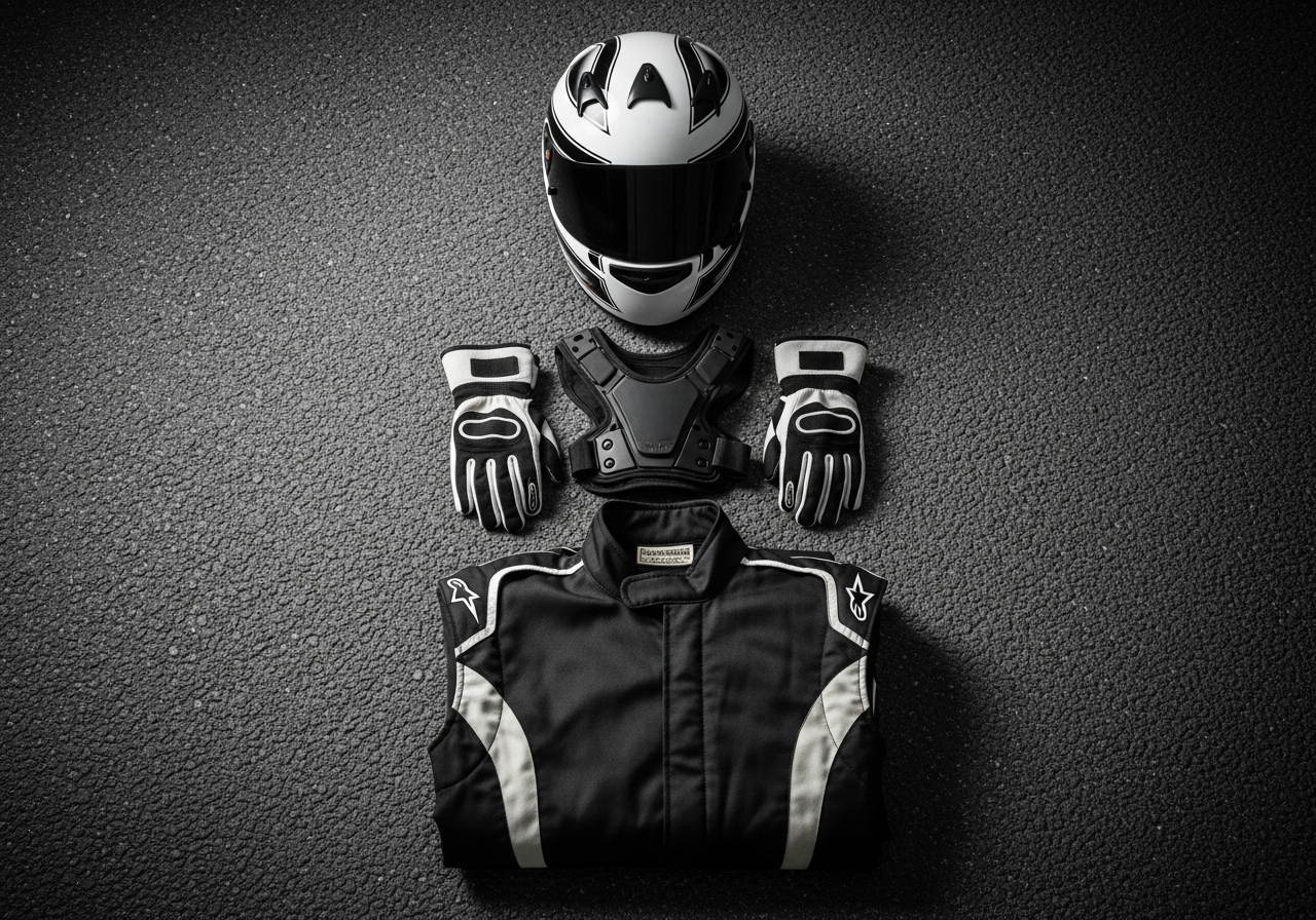 Casco, guantes y mono de carreras de karting dispuestos sobre una superficie oscura